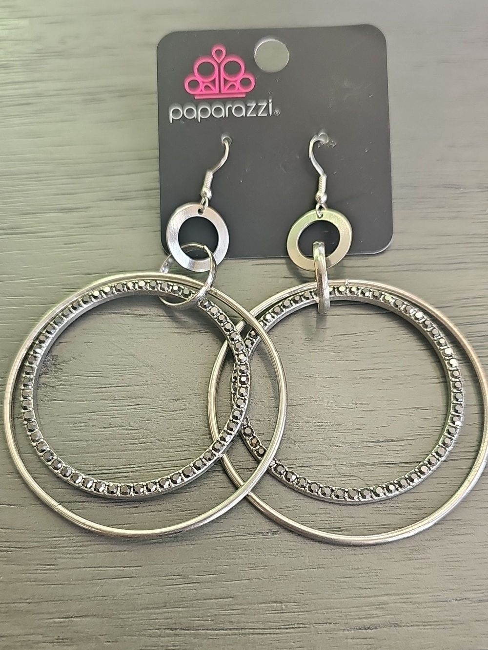 Paparazzi Silver Double Hoop Crystal-Accent Earrings